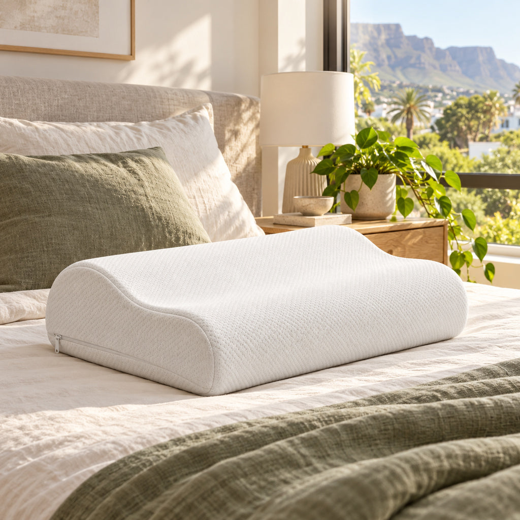 Contoured memory foam pillow on a bed in a bright bedroom