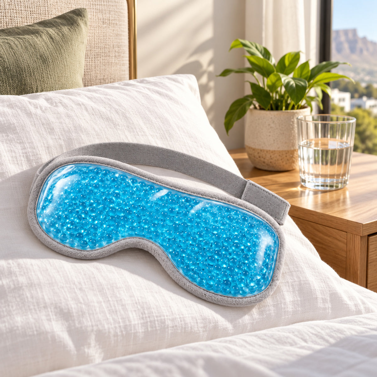 Gel eye mask on a pillow in a bright bedroom