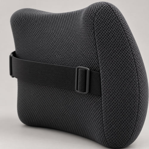 Back of the lumbar cushion showing the adjustable strap