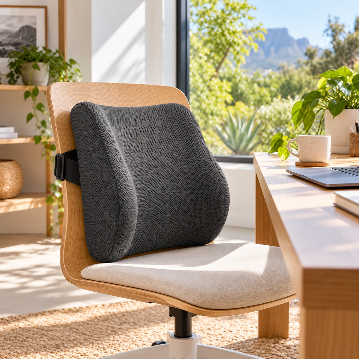 Lumbar cushion strapped to a wooden office chair