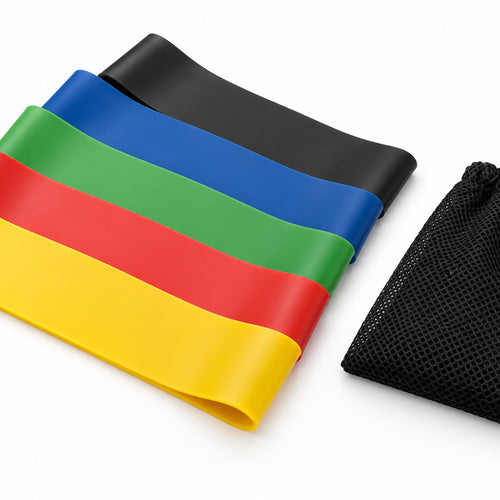 Set of 5 coloured resistance bands with mesh pouch