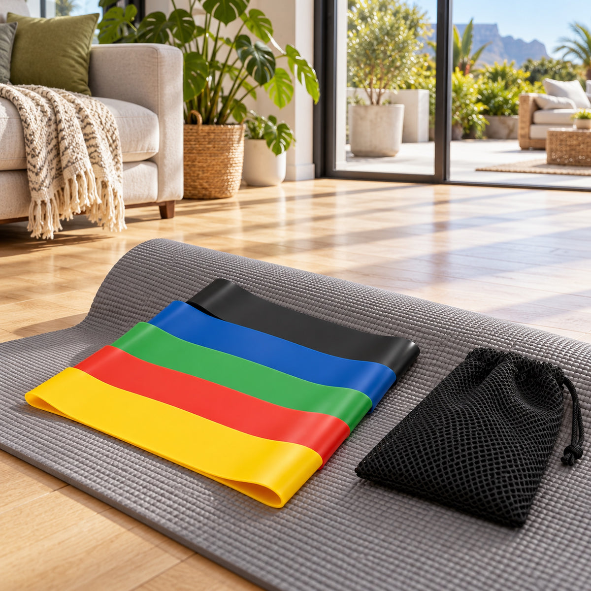 Resistance bands on a yoga mat in a bright living room