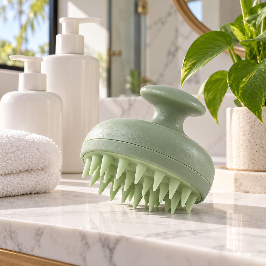 Scalp massager brush on a marble bathroom shelf